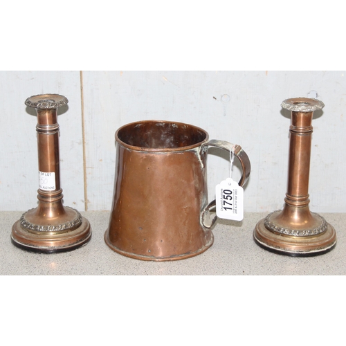 1750 - Large antique copper tankard and a pair of weighted copper candlesticks (approx 20cm tall)