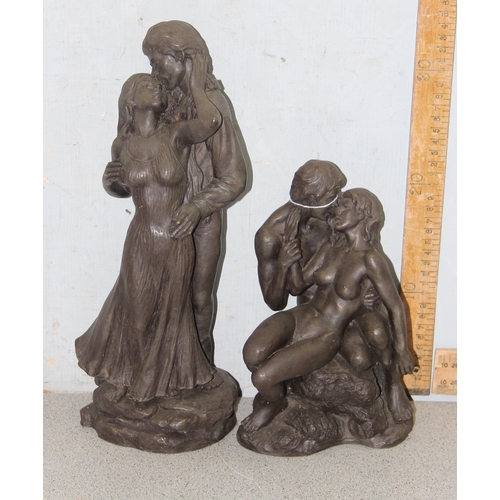 1752 - 2 bronze effect resin models of embracing couples, tallest approx 36cm tall