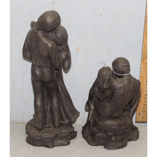 1752 - 2 bronze effect resin models of embracing couples, tallest approx 36cm tall