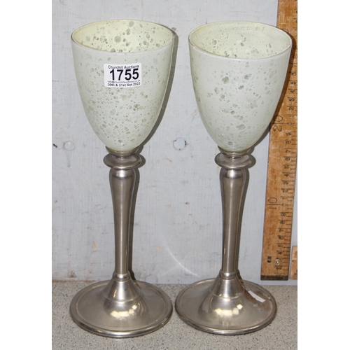 1755 - Pair of over-sized glass goblets with chromed stems, approx 32cm tall