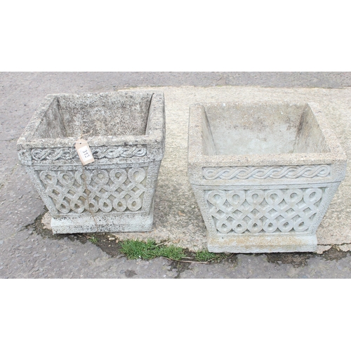 313 - Pair of square concrete garden pots with Celtic knot design, approx 40cm W x 34cm H