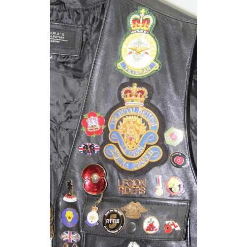 705 - Leather biker's waistcoat jacket by Zahra with adorned with Harley Davidson badges and patches among... 