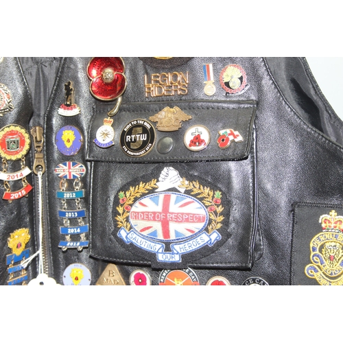 705 - Leather biker's waistcoat jacket by Zahra with adorned with Harley Davidson badges and patches among... 