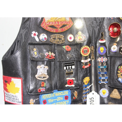 705 - Leather biker's waistcoat jacket by Zahra with adorned with Harley Davidson badges and patches among... 