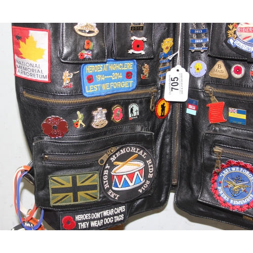 705 - Leather biker's waistcoat jacket by Zahra with adorned with Harley Davidson badges and patches among... 