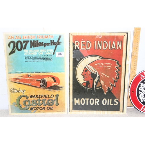 707 - 2 motor oil signs for 'Red Indian' and 'Castrol' (approx 42cm x 30cm) and a reproduction Austin Heal... 