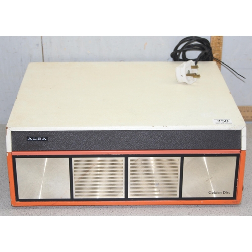 758 - Orange and cream vintage portable Alba Golden Disc record player