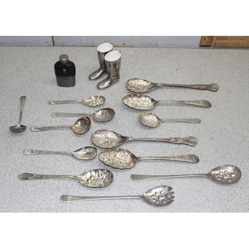 1049 - Pair of silver plated novelty ‘riding boot’ single and double spirit measures, a miniature half leat... 