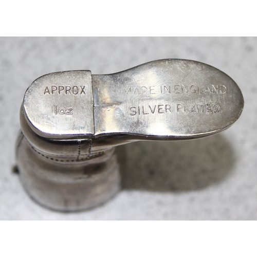 1049 - Pair of silver plated novelty ‘riding boot’ single and double spirit measures, a miniature half leat... 