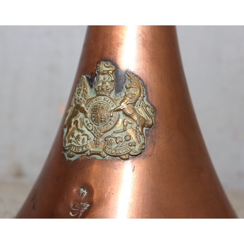 1441 - A late 19th/ early 20th century Royal Mail copper coaching horn with brass crest in relief, stamped ... 