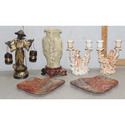 1634 - Qty of misc to incl a pair of 19c figural Sitzendorf porcelain candelabra. 19cm tall, and a cast met... 