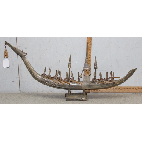 1635 - Large early 20c Burmese hand carved cow horn sailing ship with rowing oarsmen on stand. approx 79cm ... 