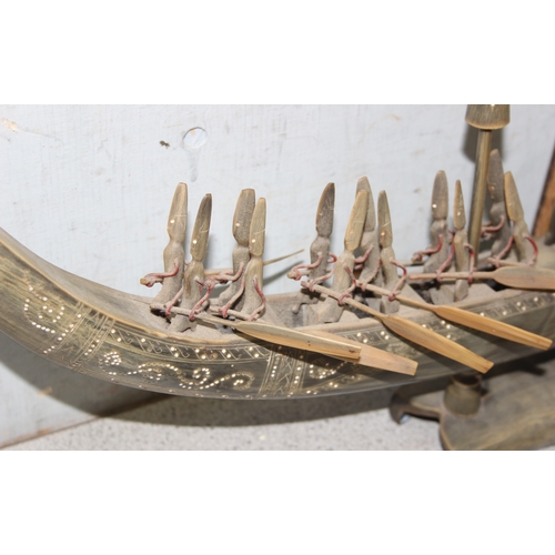 1635 - Large early 20c Burmese hand carved cow horn sailing ship with rowing oarsmen on stand. approx 79cm ... 