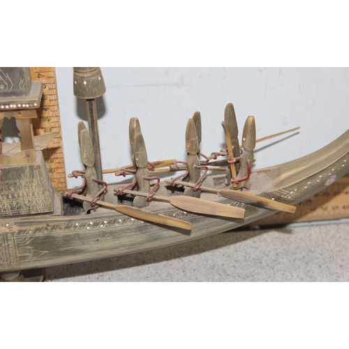 1635 - Large early 20c Burmese hand carved cow horn sailing ship with rowing oarsmen on stand. approx 79cm ... 