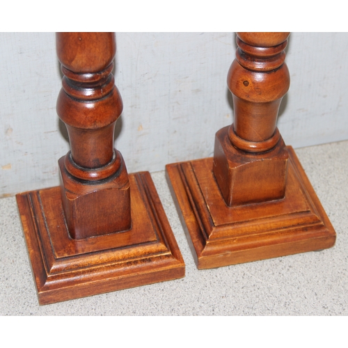 1764 - Pair of tall wooden turned column candlesticks with metal candle holders and drip trays, approx 43cm... 