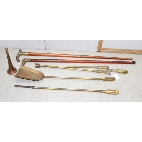 1767 - Art Deco brass three piece fire set - coal tongs, shovel, and poker approx 66cm long and a small bra... 