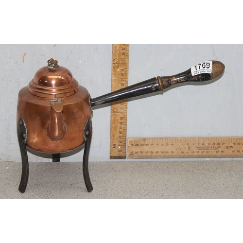 1769 - Arts and Crafts lidded copper coffee pot on riveted triple footed steel stand with turned wooden pou... 