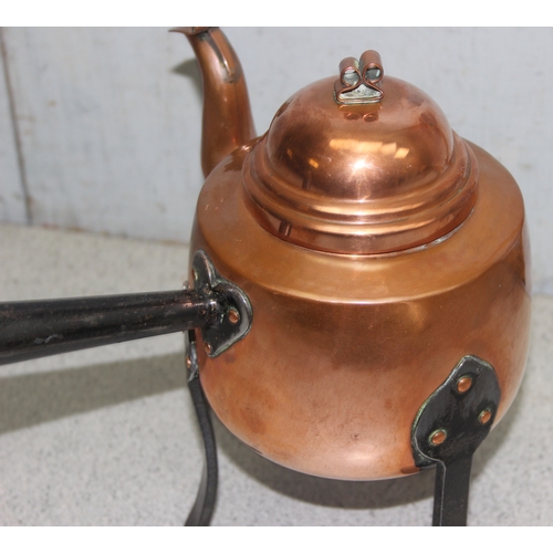 1769 - Arts and Crafts lidded copper coffee pot on riveted triple footed steel stand with turned wooden pou... 