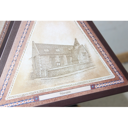 243 - Metal bodied table lamp depicting four scenes of Marston village on glass panelled shade - local int... 