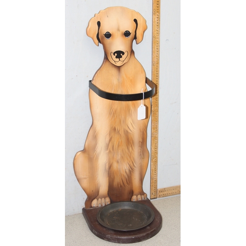 282 - Novelty hand painted on pine Golden Retriever stick/umbrella stand with drip tray, approx 82 cm tall