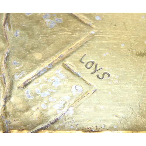 1638 - Loys Lucha of Paris; an Art Deco brass pen tray with a geometric design, slight verdigris to surface... 