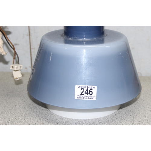 246 - Industrial style shaped 2 part mid-century ceiling pendant light shade, with faded blue glass over w... 