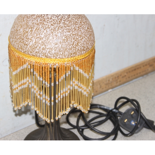 247 - Vintage French classical Art Deco style table lamp with glass shade and beaded fringe, approx 36cm t... 