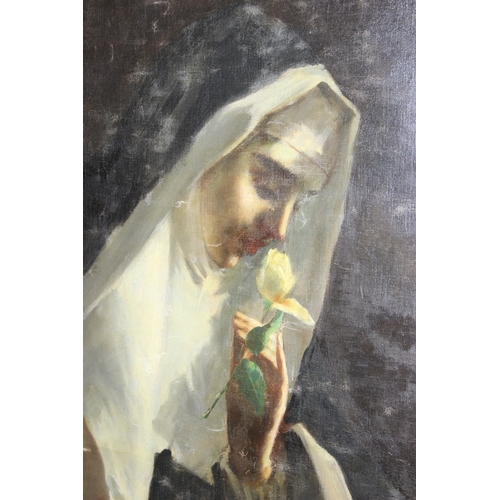 437 - Large rolled oil on canvas of a nun with roses (edged with nail-rust marks), indistinctly signed bot... 