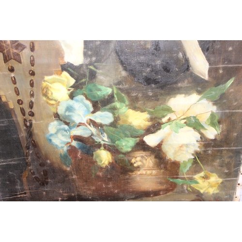 437 - Large rolled oil on canvas of a nun with roses (edged with nail-rust marks), indistinctly signed bot... 