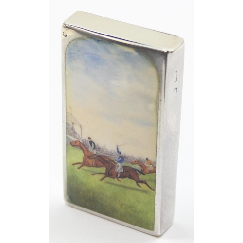 1001 - A Victorian silver and enamel vesta case by Sampson Mordan & Co, the front enamelled with a horse ra... 