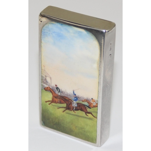 1001 - A Victorian silver and enamel vesta case by Sampson Mordan & Co, the front enamelled with a horse ra... 