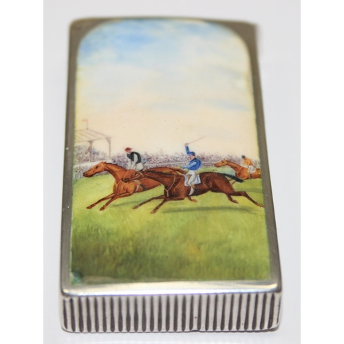 1001 - A Victorian silver and enamel vesta case by Sampson Mordan & Co, the front enamelled with a horse ra... 