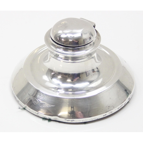 1011 - A silver capstan style inkwell, Birmingham 1927, bearing military winged insignia, approx 300.06g gr... 