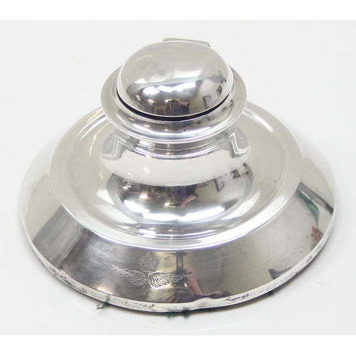 1011 - A silver capstan style inkwell, Birmingham 1927, bearing military winged insignia, approx 300.06g gr... 