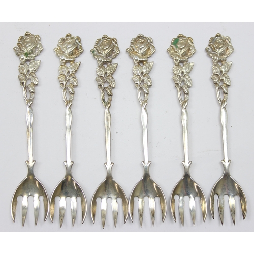 1024 - A set of 6 vintage 0.800 silver rounded dessert for fruit forks with rose terminals, all marked 800 ... 