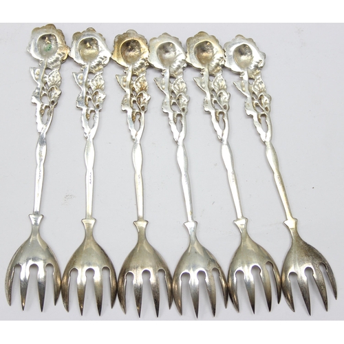 1024 - A set of 6 vintage 0.800 silver rounded dessert for fruit forks with rose terminals, all marked 800 ... 