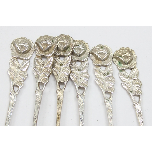 1025 - A set of 6 vintage 0.800 silver rounded dessert for fruit forks with rose terminals, all marked 800 ... 