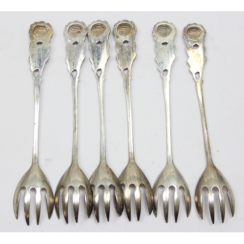 1025 - A set of 6 vintage 0.800 silver rounded dessert for fruit forks with rose terminals, all marked 800 ... 