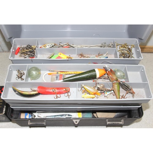 709 - Large qty of fishing equipment in box, to incl sea fishing reels, lead weights, fishing flies, hooks... 