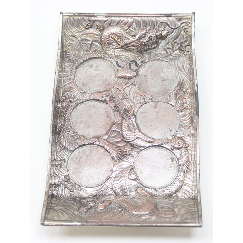 1047 - A small vintage Chinese silver plated serving tray and 6 goblets, the tray decorated with a Dragon, ... 