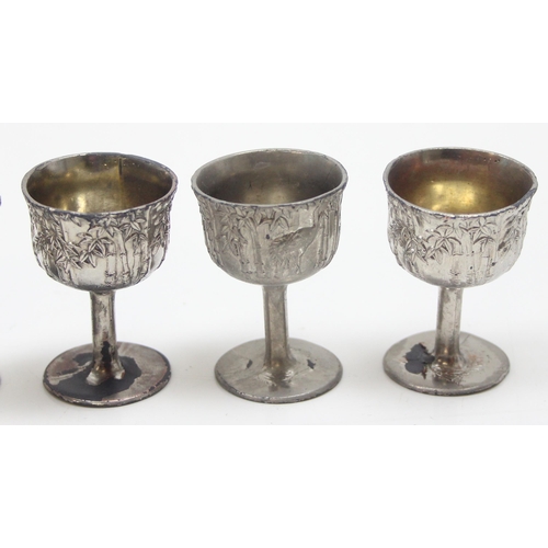 1047 - A small vintage Chinese silver plated serving tray and 6 goblets, the tray decorated with a Dragon, ... 