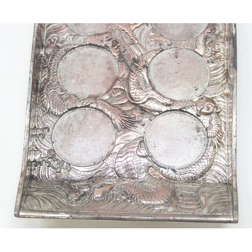 1047 - A small vintage Chinese silver plated serving tray and 6 goblets, the tray decorated with a Dragon, ... 