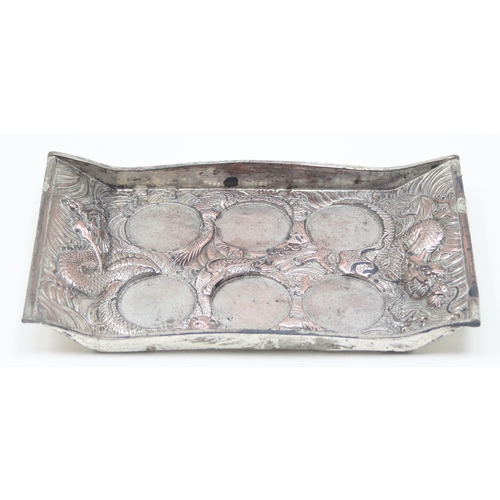 1047 - A small vintage Chinese silver plated serving tray and 6 goblets, the tray decorated with a Dragon, ... 