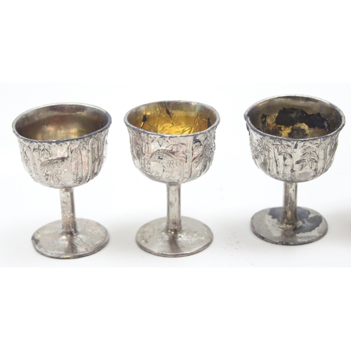 1047 - A small vintage Chinese silver plated serving tray and 6 goblets, the tray decorated with a Dragon, ... 