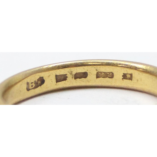 1100 - 22ct gold wedding band, full but indistinct English hallmarks, approx size O, approx 5.51g gross