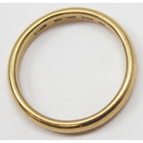 1100 - 22ct gold wedding band, full but indistinct English hallmarks, approx size O, approx 5.51g gross