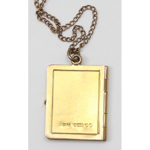 1108 - 9ct gold locket pendant formed as a book, on 9ct gold chain, London 1957, chain approx 38cm long, ap... 