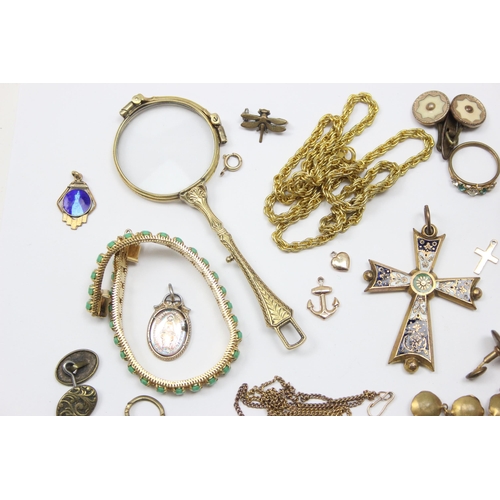 1112 - Qty of assorted antique and later gold plated jewellery to inc a pair of gold plated folding lorgnet... 