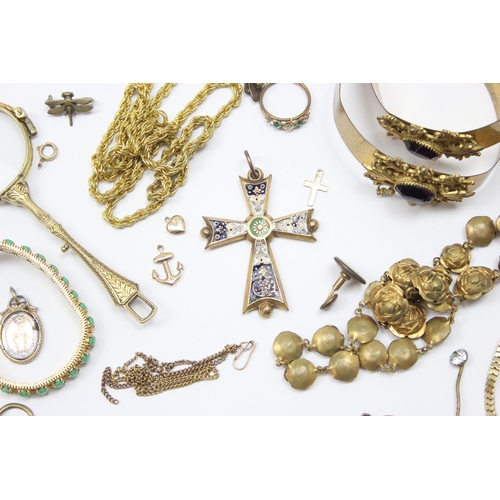 1112 - Qty of assorted antique and later gold plated jewellery to inc a pair of gold plated folding lorgnet... 