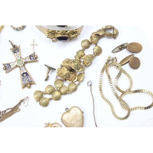 1112 - Qty of assorted antique and later gold plated jewellery to inc a pair of gold plated folding lorgnet... 